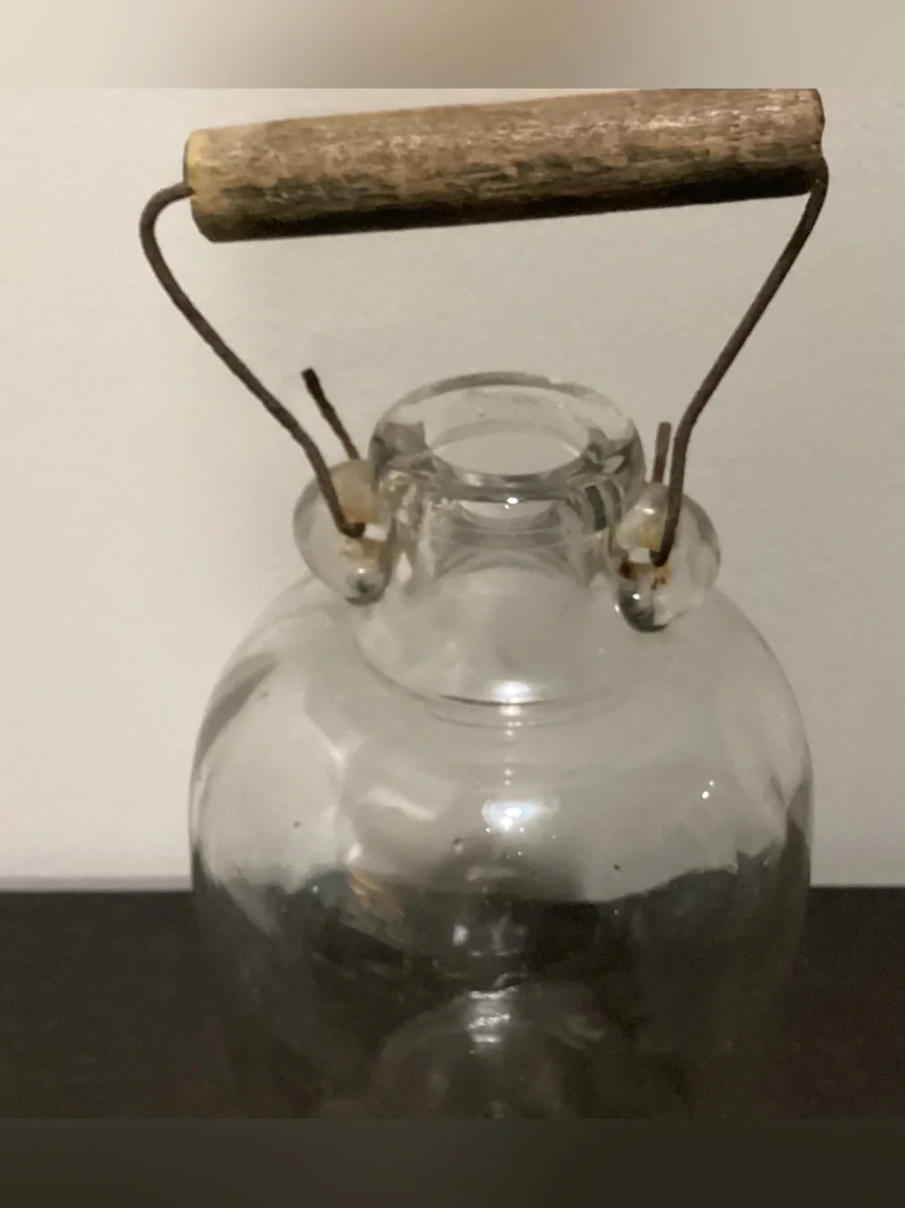 Vintage/Antique? 1 Gallon clear glass jug with traditional wire bail and wooden